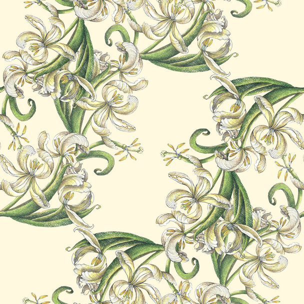 Flowers tulip with leaves drawing in colored pencils. Spring composition. Seamless pattern on cream background. - Fotografie, Obrázek