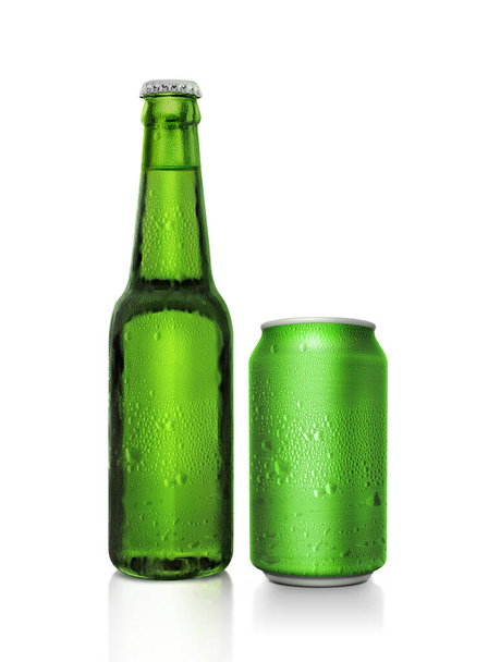 Green beer bottle and green beer can with water droplets on a white Background - Photo, Image
