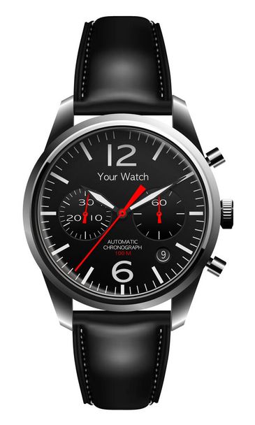 Realistic wristwatch chronograph grey steel black leather red arrow on white background design luxury vector - Вектор,изображение