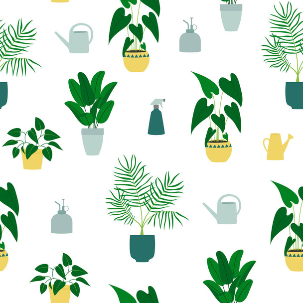 Seamless pattern of potted plants and gardening tools. Cartoon colorful plants on white background - Vetor, Imagem