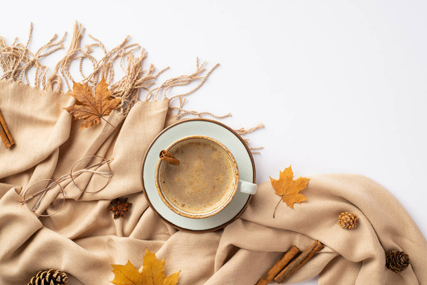 Autumn inspiration concept. Top view photo of cup of hot drinking with cinnamon stick on saucer yellow maple leaves anise pine cones spectacles and plaid on isolated white background - 写真・画像