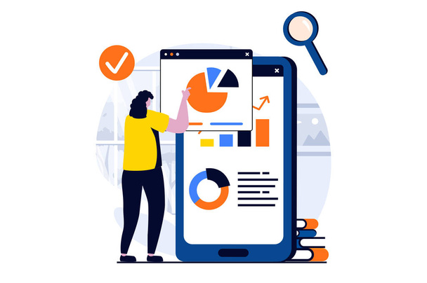 Data science concept with people scene in flat cartoon design. Woman analyzing diagrams with different trends and making financial report using mobile app. Illustration visual story for web - Fotografie, Obrázek