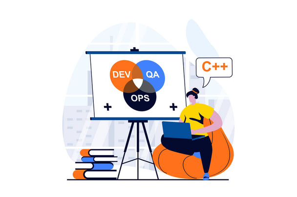 DevOps concept with people scene in flat cartoon design. Woman coding and programming apps or programs while manager optimize effective work process i team. Illustration visual story for web - Foto, Bild