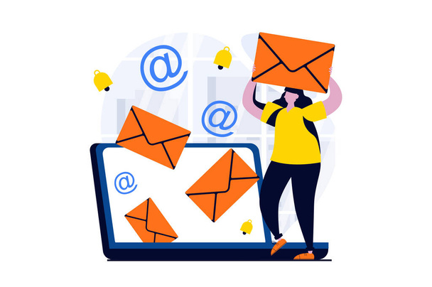 Email service concept with people scene in flat cartoon design. Woman receives new notifications and manages incoming emails using desktop app for laptop. Illustration visual story for web - Foto, imagen