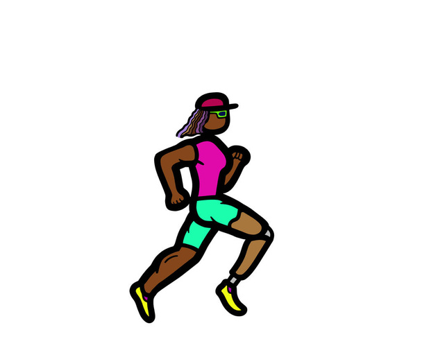 A disability Black African American woman with a prosthetic leg running marathon exercise. Healthy active lifestyle. Isolated on white background. - Foto, imagen