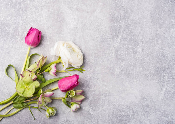 Frühlingsblumen Strauß. Oster- und Frühlingsgrüßkarte. Frauentag-Konzept. Frühlingsbanner. Kopierraum für Text - Foto, Bild