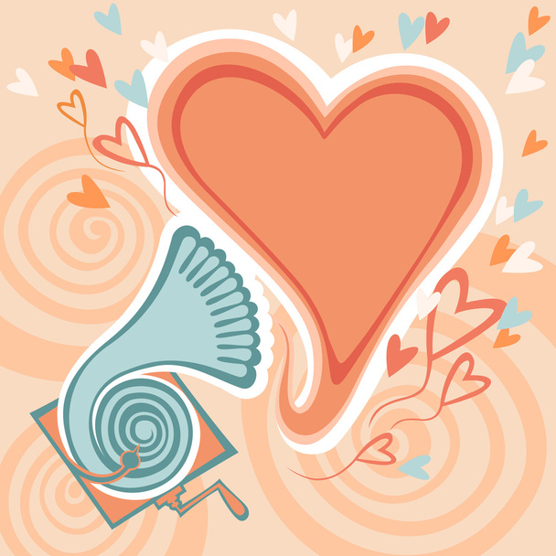Stylized gramophone and frame in shape of heart - Vector, Image