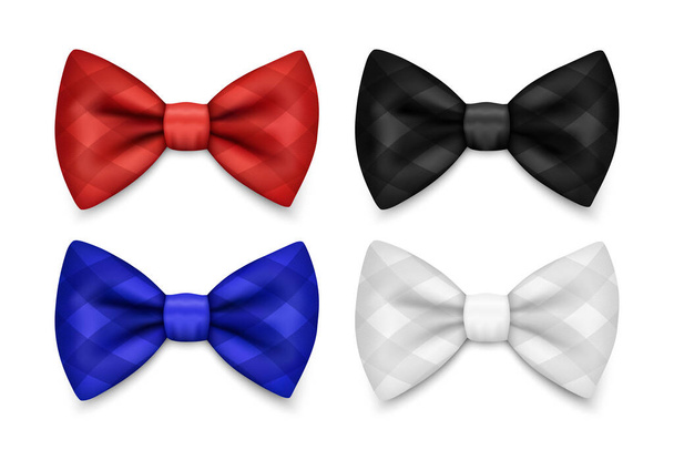 Vector 3d Realistic Checkered Black, White, Red, Blue Bow Tie Icon Set Isolated. Silk Glossy Bowtie, Tie Gentleman. Mockup, Design Template. Bow Tie for Man. Mens Fashion, Fathers Day Holiday. - Вектор, зображення