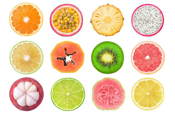 Fresh fruits cross sections isolated on white background. Orange, passion fruit, pineapple, dragon fruit, white grapefruit, papaya, kiwi, pink pineapple, mangosteen, lime, guava, lemon - Foto, immagini