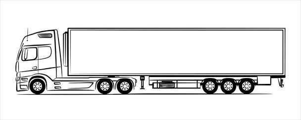 セミトレーラートラック白い背景に抽象的なシルエット。トレーラートラックの車の手描きラインアート。ベクトル図側から見る. - ベクター画像