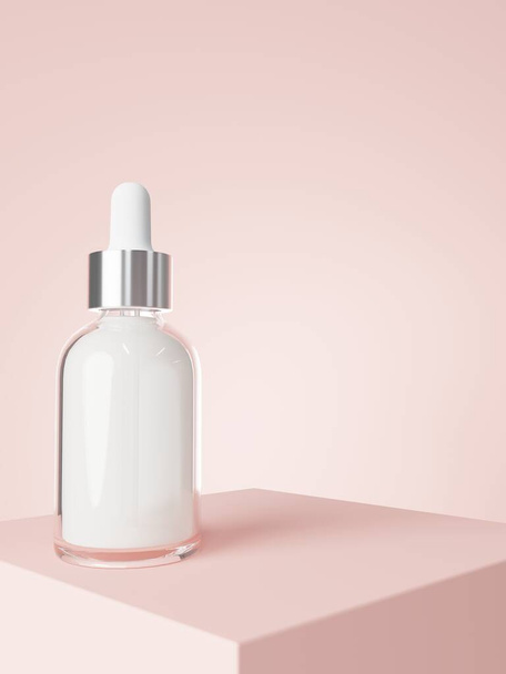 Cosmetic serum dropper bottle on podium with pastel pink background 3D render, care product packaging and branding mockup - Foto, Imagen