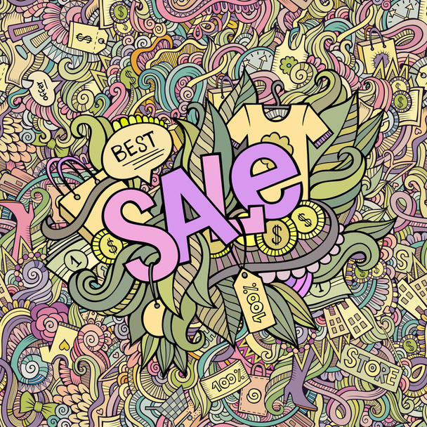 Sale hand lettering and doodles elements background - Vector, afbeelding