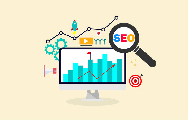 SEO Search Engine Optimization, concept voor het bevorderen van ranking verkeer op de website, het optimaliseren van uw website te rangschikken in zoekmachines of SEO. - Vector, afbeelding
