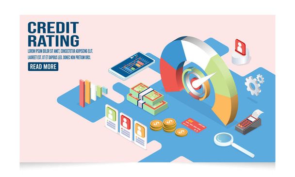 3D isometric Credit rating concept with Interest rates dropping, client decrease percen, credit information, banking Service, mortgage loan. Vector illustration eps10 - Vecteur, image