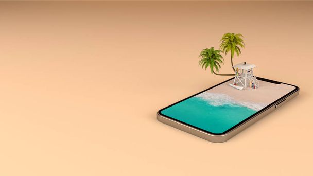 Yaz tatili sahil seyahati varış yeri cep telefonu ekranında, 3D görüntüleme - Fotoğraf, Görsel