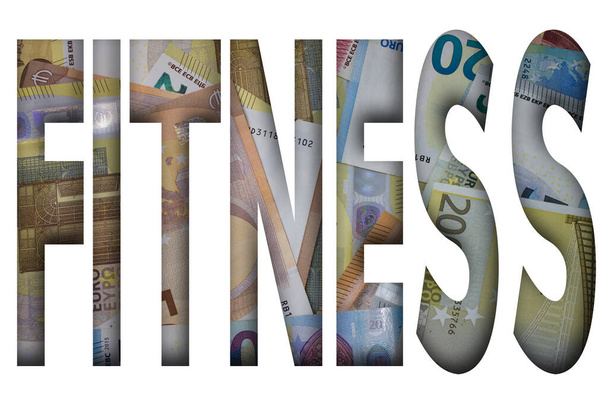 Fitness word with money. Paper currency background with different banknotes. - Foto, Imagen