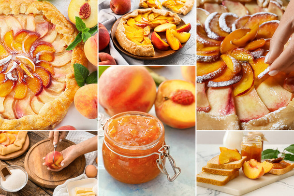 Collage with sweet peach galette and jam - Фото, изображение