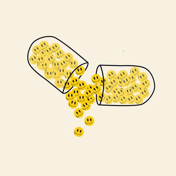 Illustration of a pill from which positive and good emotions spill out. Vector - ベクター画像