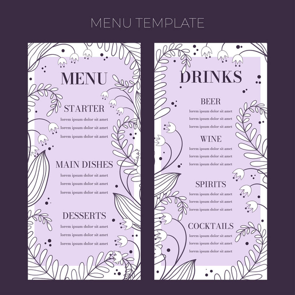 Floral wedding Menu template in hand drawn doodle style, invitation card design with line flowers, leaves, fern and dots. Vector decorative frame on white and lilac background. - Wektor, obraz