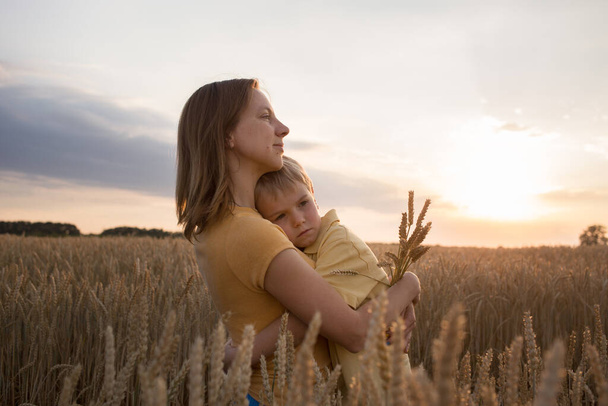 sad little boy snuggled up to his mother among the wheat field at sunset. a woman holds a child in her arms. Family, motherhood, refugees, unity, support, nostalgia. stand with Ukraine - Foto, immagini