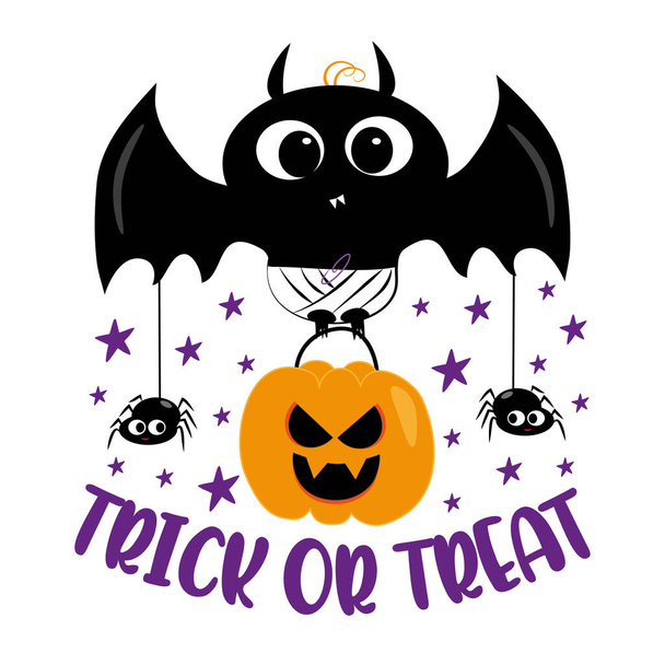 Trick or treat - cute baby bat with pumpkin and spiders. Good for T shirt print, poster, card, label, and other decoration for Halloween. - Vector, imagen