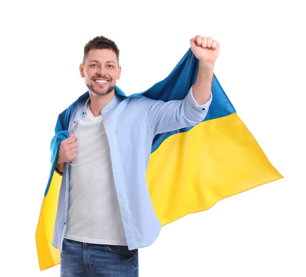 Man with flag of Ukraine on white background - Foto, Imagen