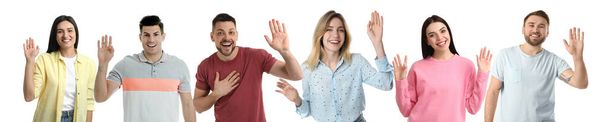 Collage with photos of cheerful people showing hello gesture on white background. Banner design - Zdjęcie, obraz