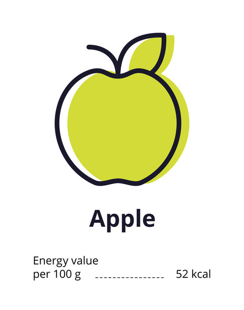 Healthy vegetarian product icon. A tasty apple icon. Energy value of an apple. Line illustration on white background - 写真・画像