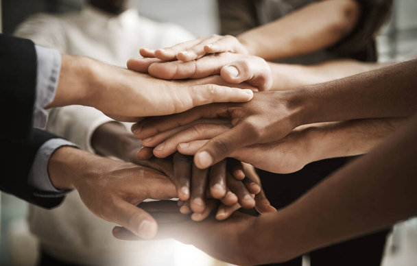 United corporate team of people with hands together. Office, support and colleagues working in the company. Success, confident and diverse closeup of professional group in the business - Foto, immagini