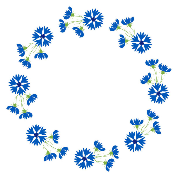Round frame with blooming blue flowers cornflowers. Postcard napkin, decoration. Vector illustration. Floral pattern for decor, design, print and napkins - Vector, Image