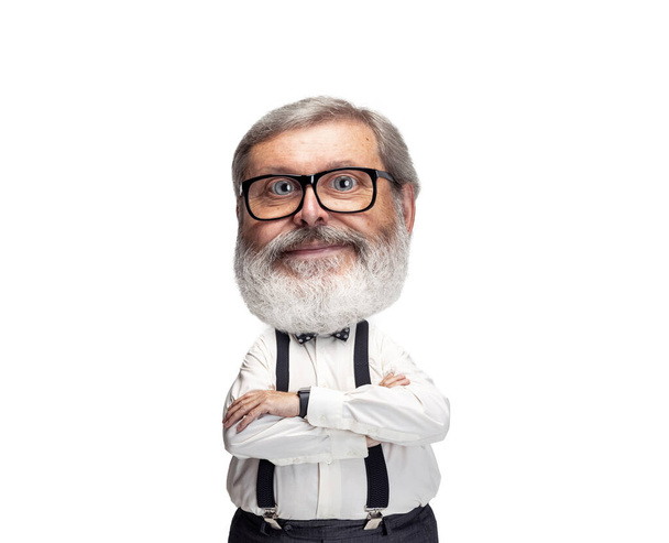 Kind professor. Funny man with a caricature face isolated over white background. Cartoon style character with big head. Concept of business, jobs, humor, funny meme emotions. - Foto, Bild
