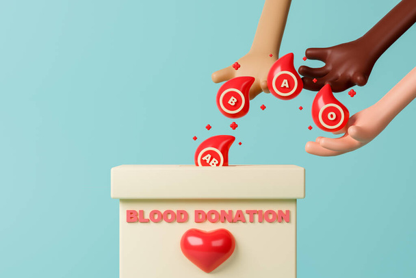 3d rendering concept blood donation illustration. People donate different blood groups to donation box. - Fotó, kép