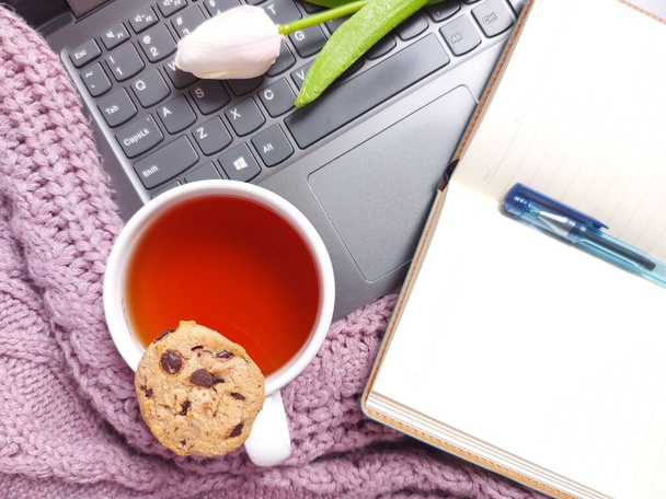 Tea time concept. A cup of tea and blank agenda book above laptop. Completed with purple knitted sweater,tulip flower and a bkue pen. - Zdjęcie, obraz
