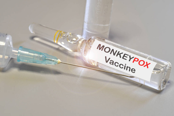 Vaccination contre la variole et la variole du singe (MPXV) Seringue avec flacon des doses de vaccin contre la variole du singe (MPXV). - Photo, image