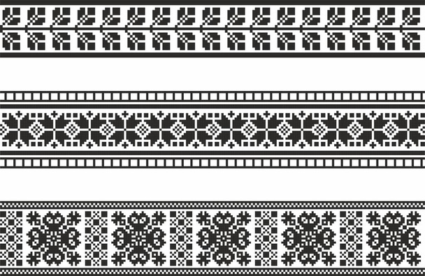 Vector set of monochrome seamless Ukrainian national ornament, embroidery. Endless ethnic floral border, Slavic peoples frame. black cross stitch. - Vector, Image