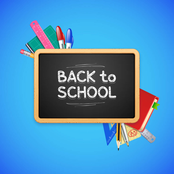 Back to School Written on Realistic Wooden Chalkboard with Stationery on Blue Background. Vector illustration for education projects. - Vector, afbeelding