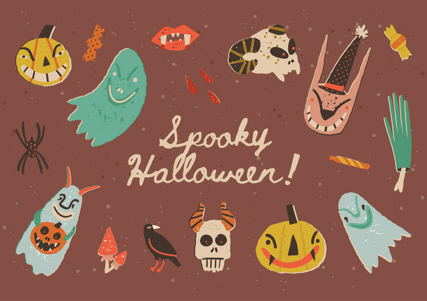 Spooky Halloween A5 greeting card. Creepy Jack-o-lantern, pumpkins with red pupils and scary smiles, odd rabbit, ghosts, skulls, fly agaric, and sweets. Retro-style vector hand-drawn illustration. - ベクター画像