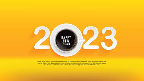 Happy New Year 2023 Enjoy a good time with your favorite cup of coffee. on yellow background. Coffee Poster Advertisement Flyers Vector Illustration - Vector, imagen