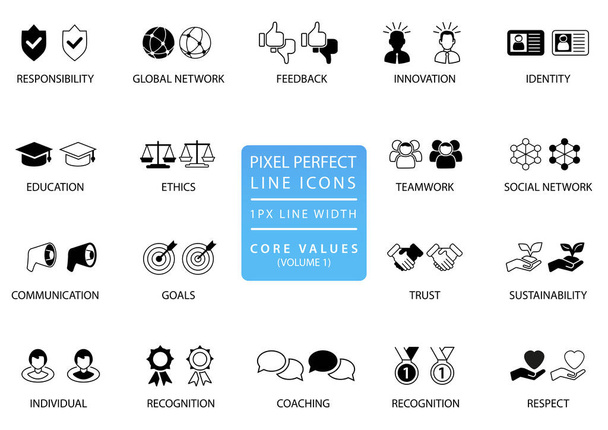 Pixel perfect icon vector set. Corporate core values conceptual collection of symbols for business presentations and website.  - Διάνυσμα, εικόνα