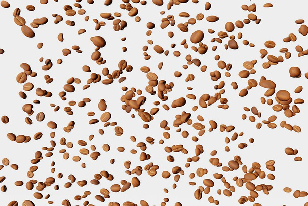 Falling coffee beans white background isolated shadows 3D rendering. Flying floating arabica grains espresso latte cappuccino hot drinks sale. Coffee roasters shop product delivery advertising promo. - Photo, Image