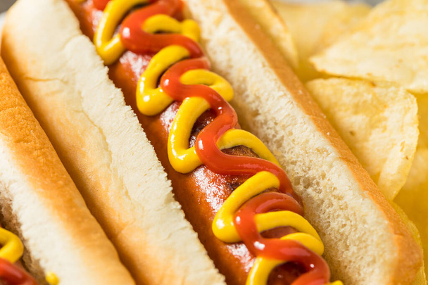 Homemade Hot Dog with Ketchup and Mustard with Potato Chips - Foto, immagini