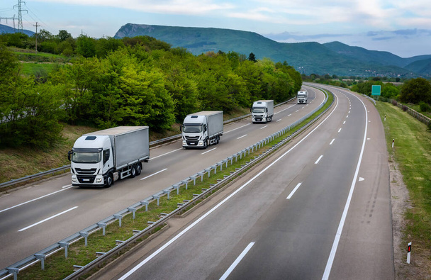 Four White trucks in line on a country highway - Foto, imagen
