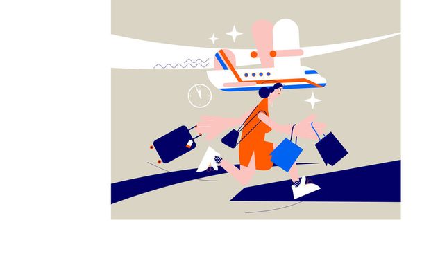 A woman with luggage runs at the last minute to the plane before leaving e foreign trip. - Vector, afbeelding