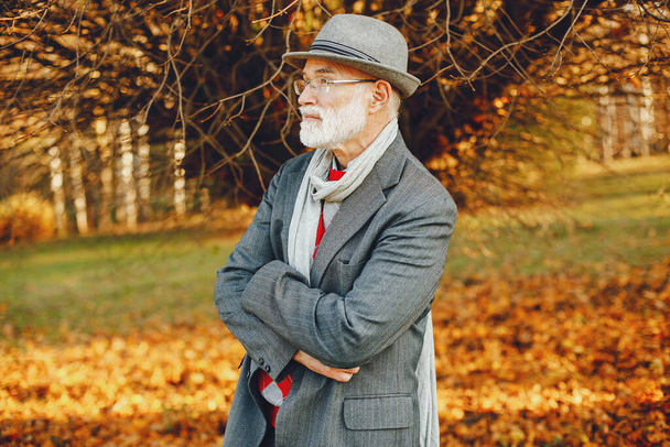 Handsome grandfather in a autumn park. Old man in a gray jacket and hat. - Fotó, kép