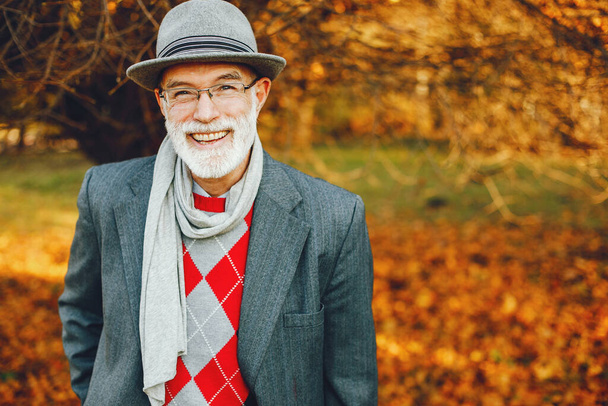 Handsome grandfather in a autumn park. Old man in a gray jacket and hat. - Foto, immagini