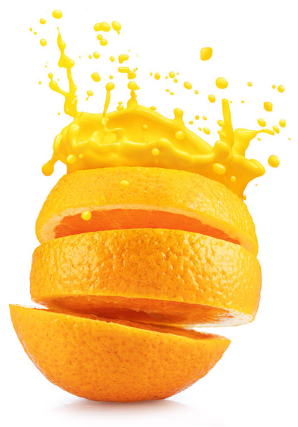 Sliced orange fruit with splash of juicy crown on white background. Conceptual food and drink picture. - Fotó, kép