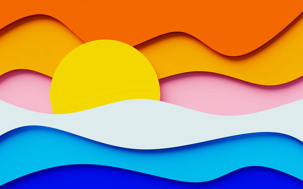Abstract background of a sunset over the sea with wavy and colorful overlapping sheets. 3d rendering of multicolor background. - Foto, imagen