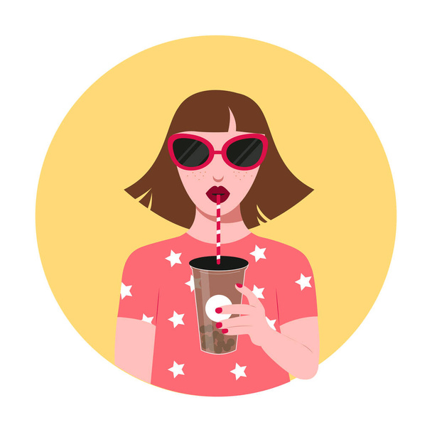 Young pretty woman with sunglasses drinking bubble tea flat vector character, Cute female character with bobatea flat vector, Fashionable girl drinking bubble tea with a straw flat vector - Διάνυσμα, εικόνα