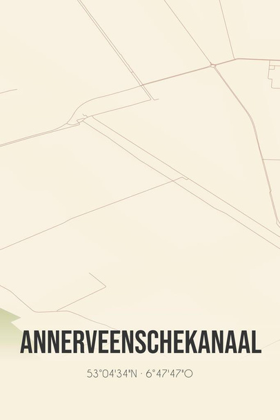 Retro ολλανδικός χάρτης της πόλης Annerveenschekanaal βρίσκεται στο Drenthe. Vintage οδικό χάρτη. - Φωτογραφία, εικόνα