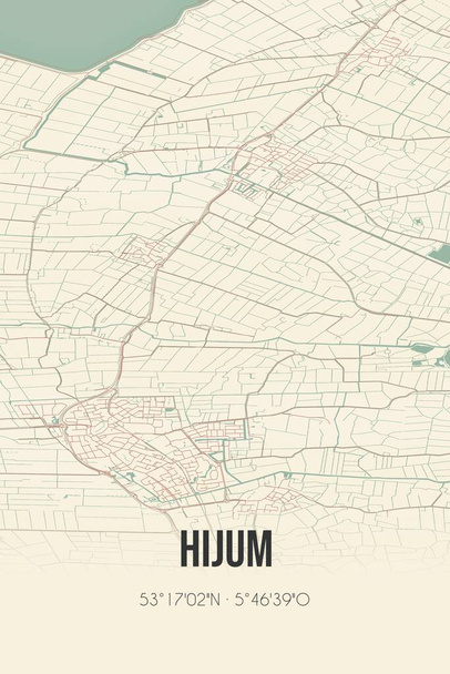 Retro Dutch city map of Hijum located in Fryslan. Vintage street map. - Foto, Imagem